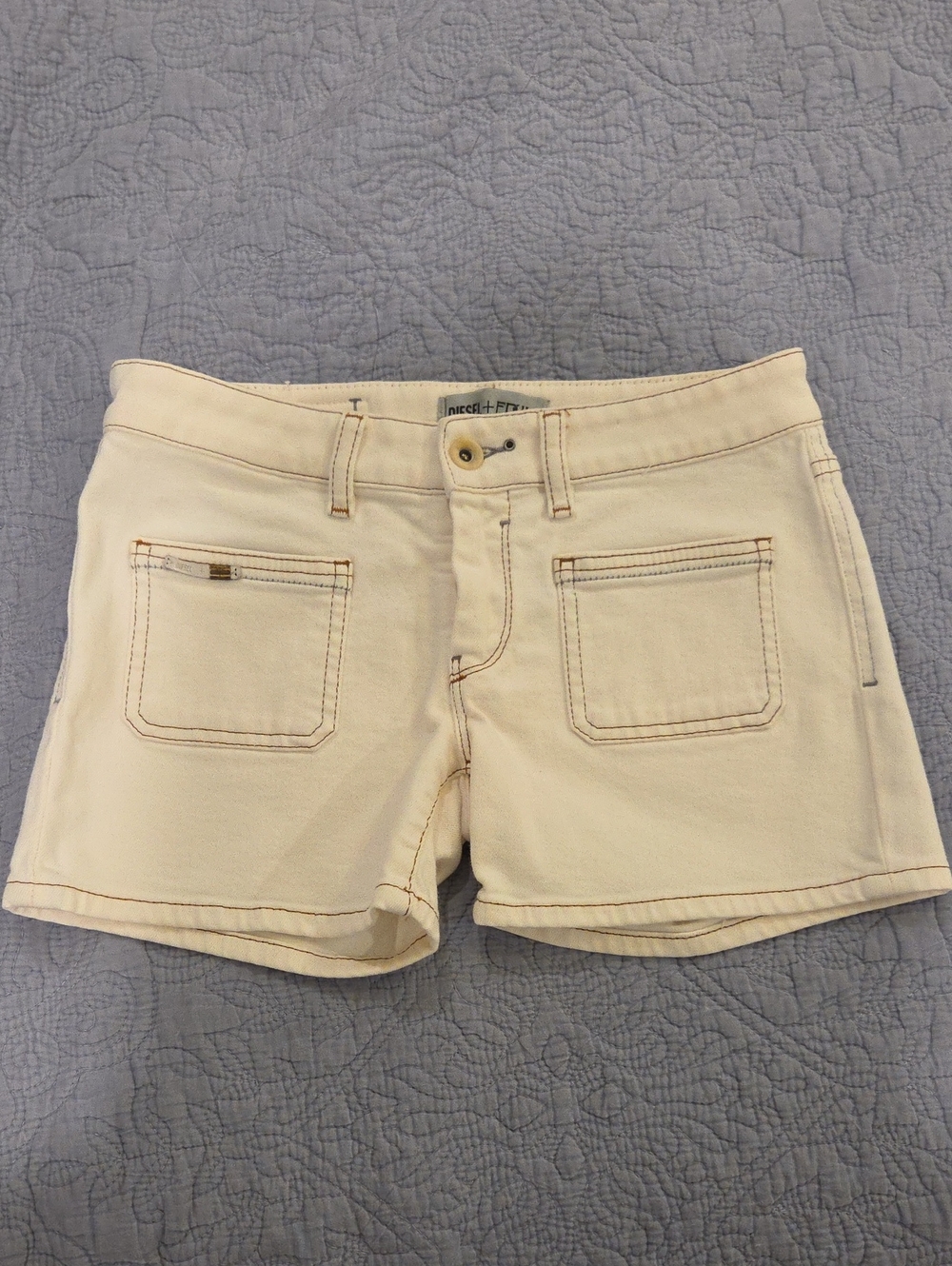 Diesel + Edun Ivory Denim High-Rise Shorts with Patch Pockets – Size 27